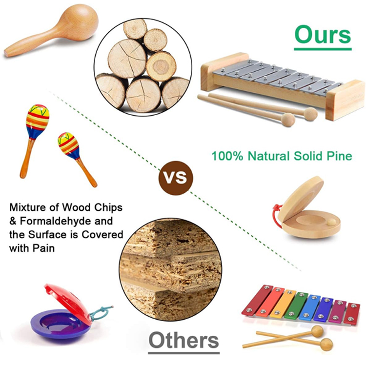 Natural Eco-Friendly Percussion Instruments Set Wooden Kids Musical Instruments Toys 