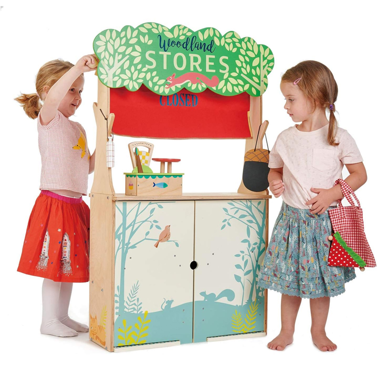 Kids Wooden Market Stand Toy With Puppet Theater