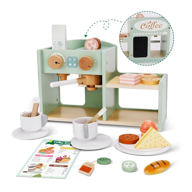 2-in-1 Wooden Toy Coffee Making Store Playset with Food Toys Accessories