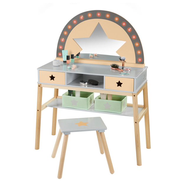 Wooden Kids Vanity Set with Stool and Star-Themed Mirror