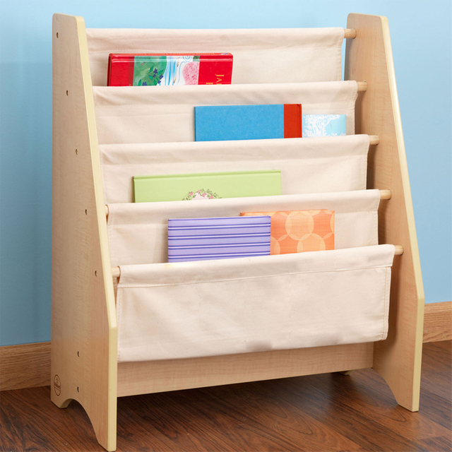 Wooden Kids Book Rack with Fabric Pockets