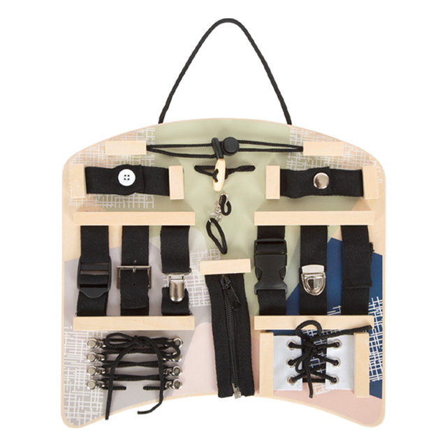 Wooden Busy Board with Buckles, Zippers and Laces