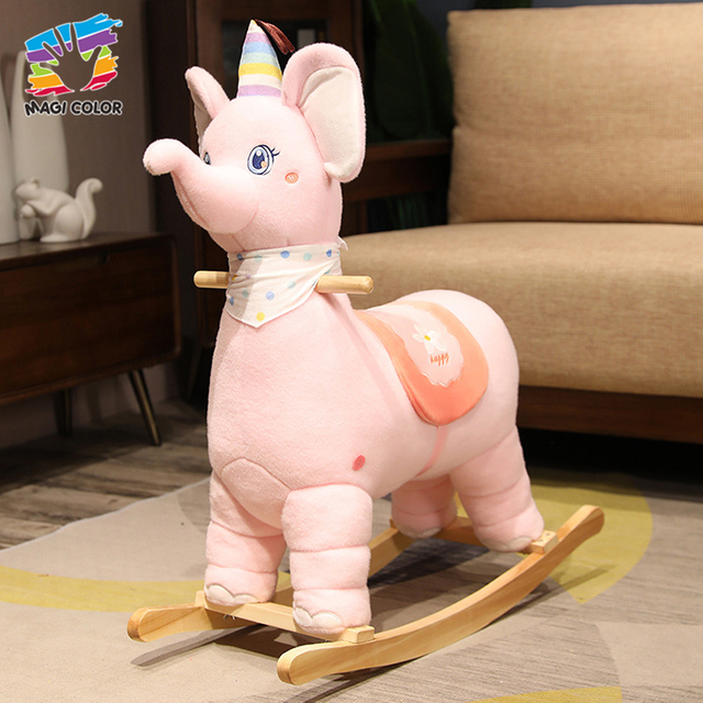 Plush Pink Elephant Rocking Horse with Wooden Base for Kids