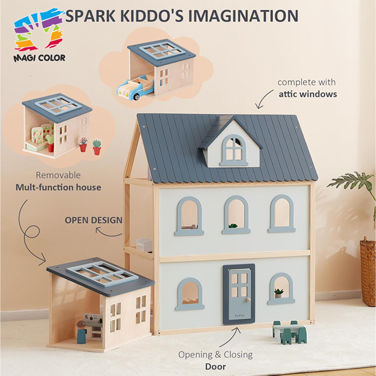 Wooden 3-Level Dollhouse with Furniture & Figures for Kids' Pretend Play