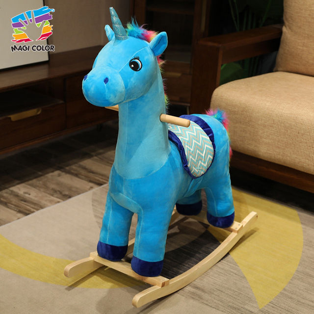Bright Blue Unicorn Plush Rocking Toy with Wooden Base for Kids