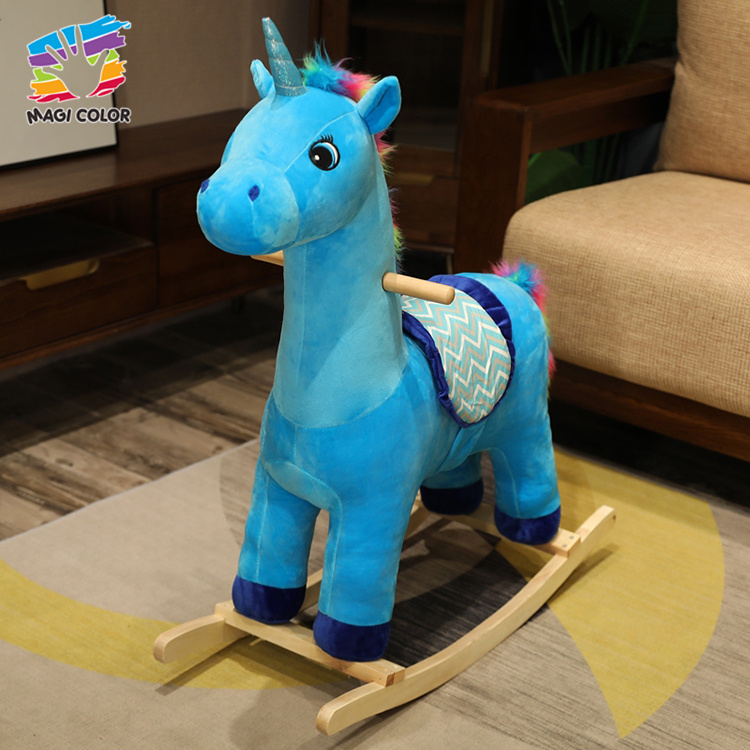Bright Blue Unicorn Plush Rocking Toy with Wooden Base for Kids