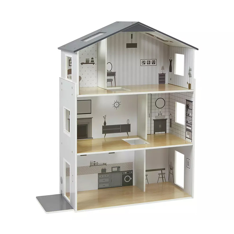 large wooden dollhouse toy with furniture