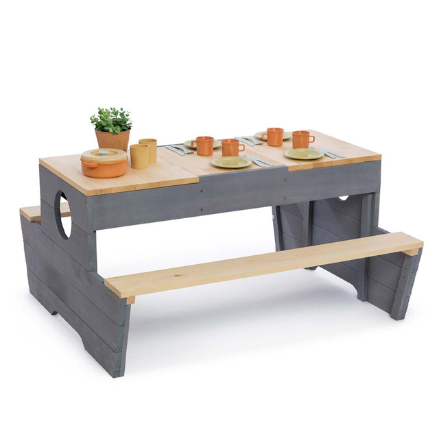 Wooden Kids Picnic Table Set with Benches and Play Dishes