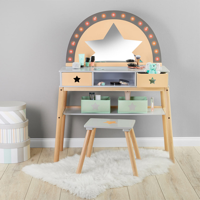 Wooden Kids Vanity Set with Stool and Star-Themed Mirror