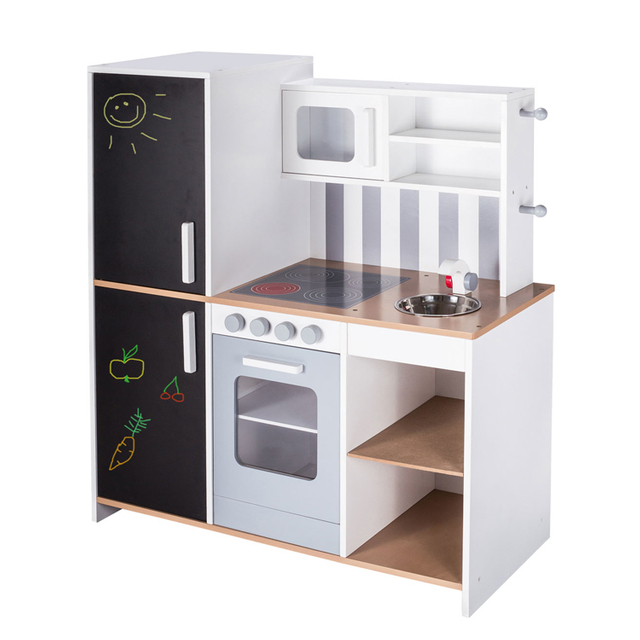 Wooden Kids Play Kitchen Set with Chalkboard and Storage