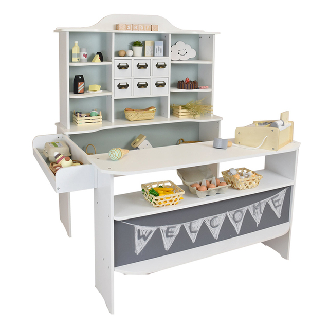 Wooden Kids Grocery Shop Pretend Play Set with Storage and Chalkboard