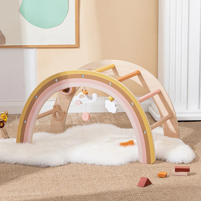  Wooden Rainbow Baby Gym Activity Climbing Frame with Hanging Toys