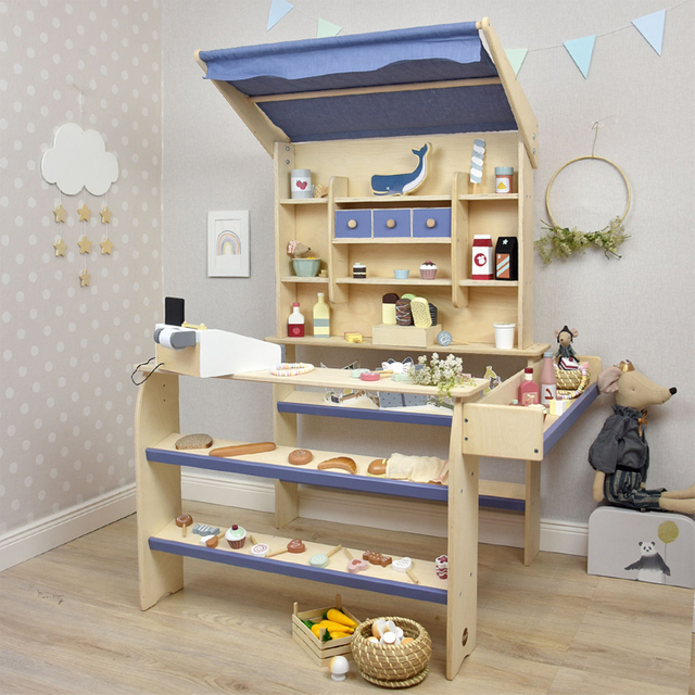 Wooden Kids Pretend Play Shop Set with Canopy and Play Food