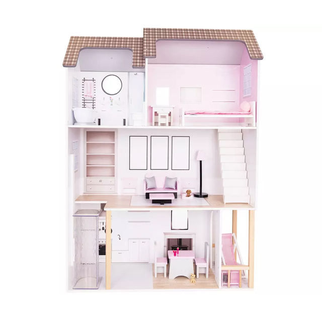 Wooden Three - Story Dollhouse with Furniture
