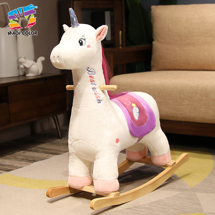 Plush Unicorn Rocking Horse with Wooden Base for Kids