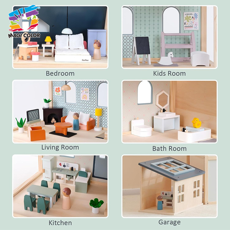 Wooden 3-Level Dollhouse with Furniture & Figures for Kids' Pretend Play