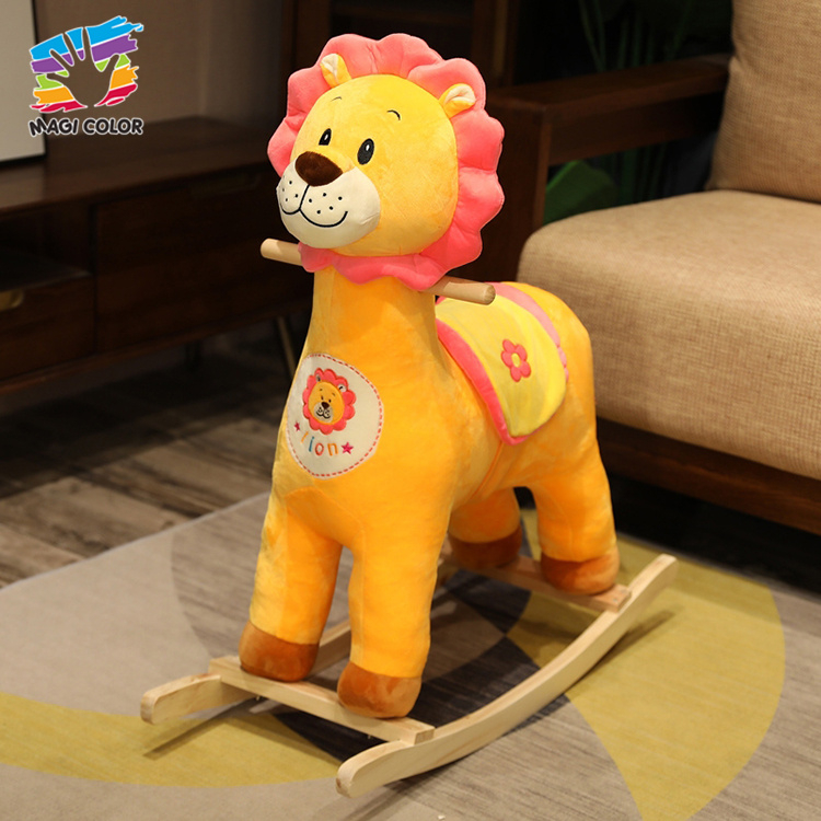 Yellow Lion Plush Rocking Toy with Wooden Base for Kids