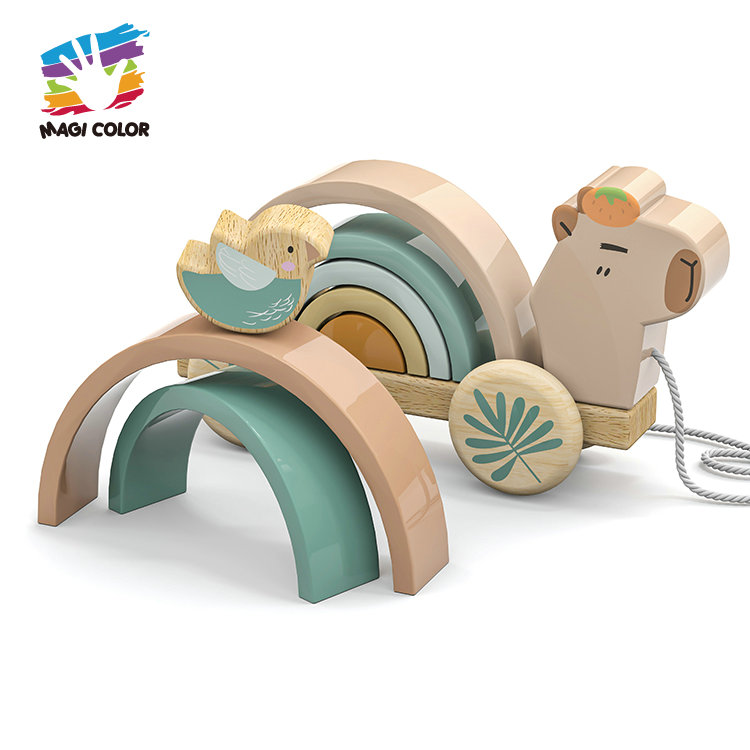 Wooden Rainbow Animal Pull Along Toy with Bird Decoration