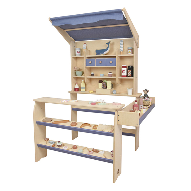 Wooden Kids Pretend Play Shop Set with Canopy and Play Food