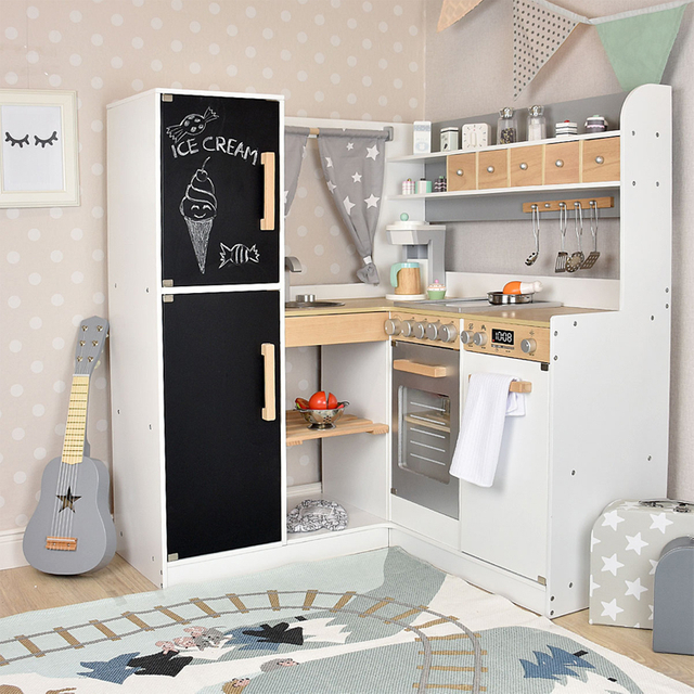  Wooden L-Shaped Kids Play Kitchen Set with Chalkboard Refrigerator