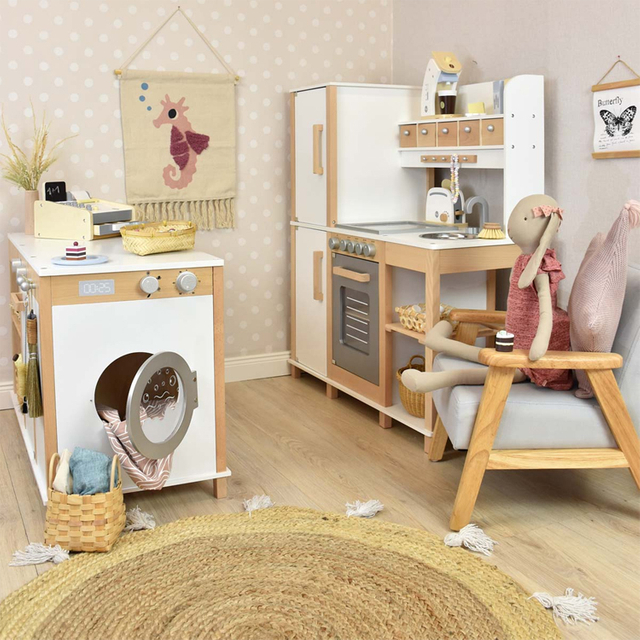 Large Wooden Kids Play Kitchen Set with Laundry Appliance and Storage