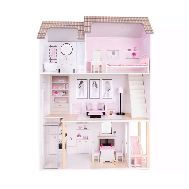 Wooden Three - Story Dollhouse with Furniture