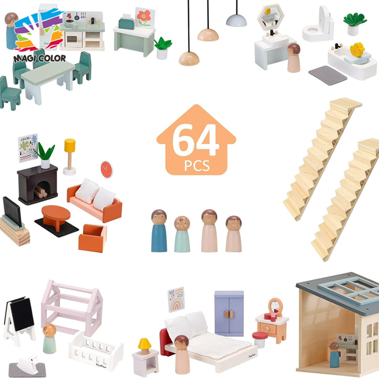 Wooden 3-Level Dollhouse with Furniture & Figures for Kids' Pretend Play