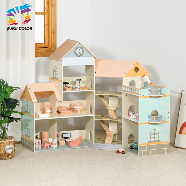 Wooden Multi-Level Townhouse Dollhouse with Furniture for Kids