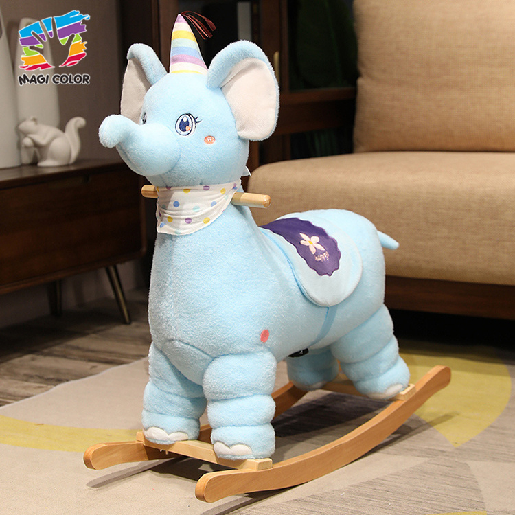 Light Blue Elephant Plush Rocking Toy with Wooden Base 