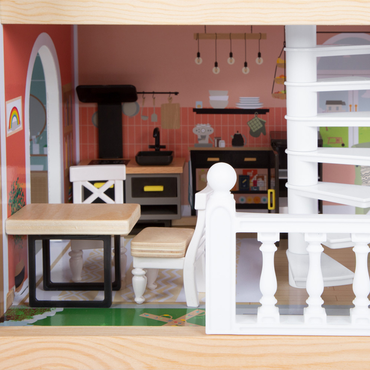 Wooden Multi - Level Dollhouse with Mini Rooms and Furniture