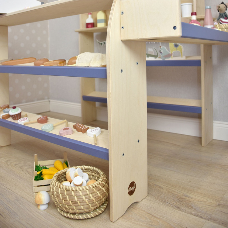 Wooden Kids Pretend Play Shop Set with Canopy and Play Food