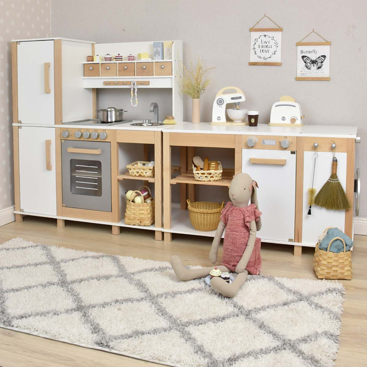 Large Wooden Kids Play Kitchen Set with Laundry Appliance and Storage