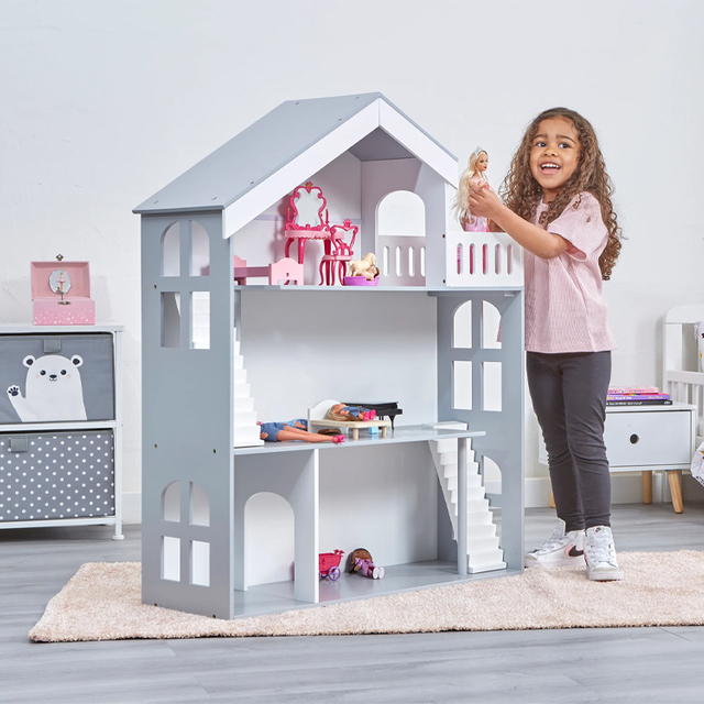 Large Gray Wooden Three - Story Dollhouse