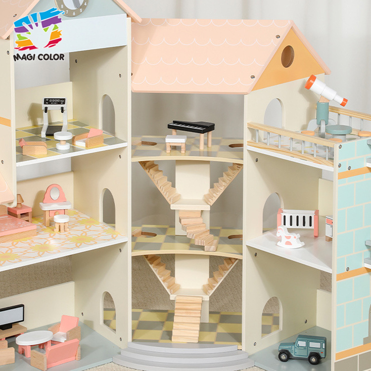 Wooden Multi-Level Townhouse Dollhouse with Furniture for Kids