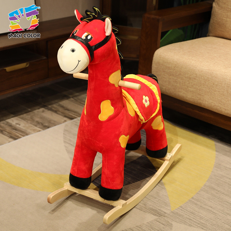 Red Plush Horse Rocking Toy with Wooden Base for Kids