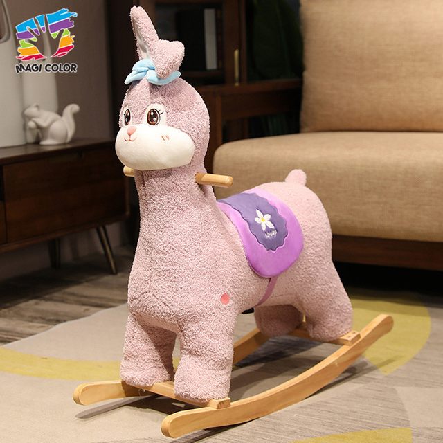Pastel Pink Bunny-Llama Plush Rocking Toy with Wooden Base for Kids