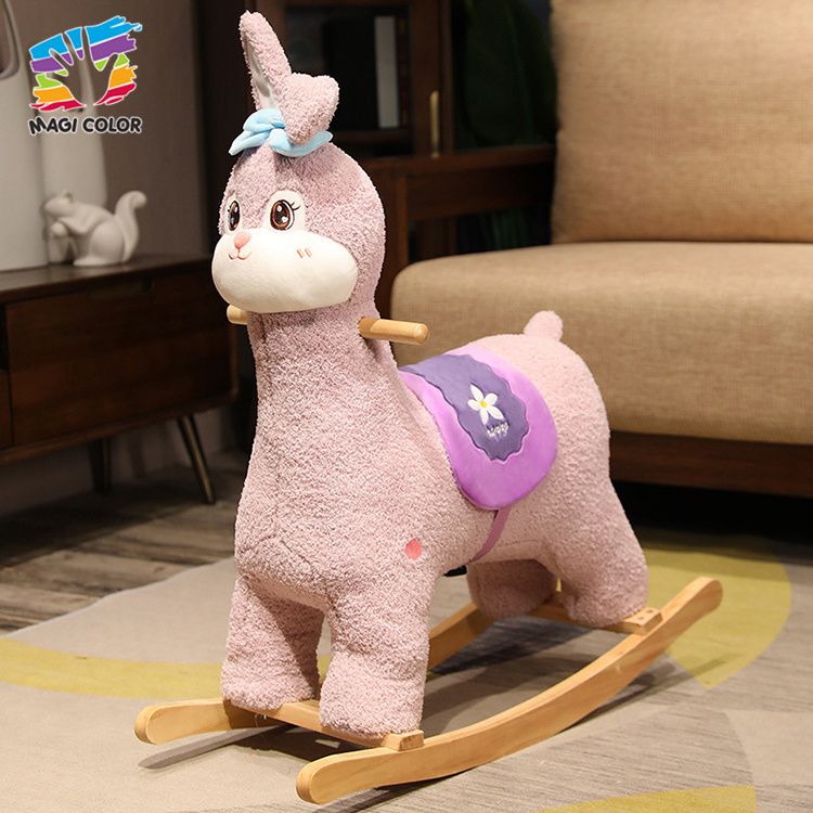 Pastel Pink Bunny-Llama Plush Rocking Toy with Wooden Base for Kids