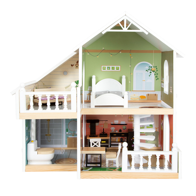 Wooden Multi - Level Dollhouse with Mini Rooms and Furniture