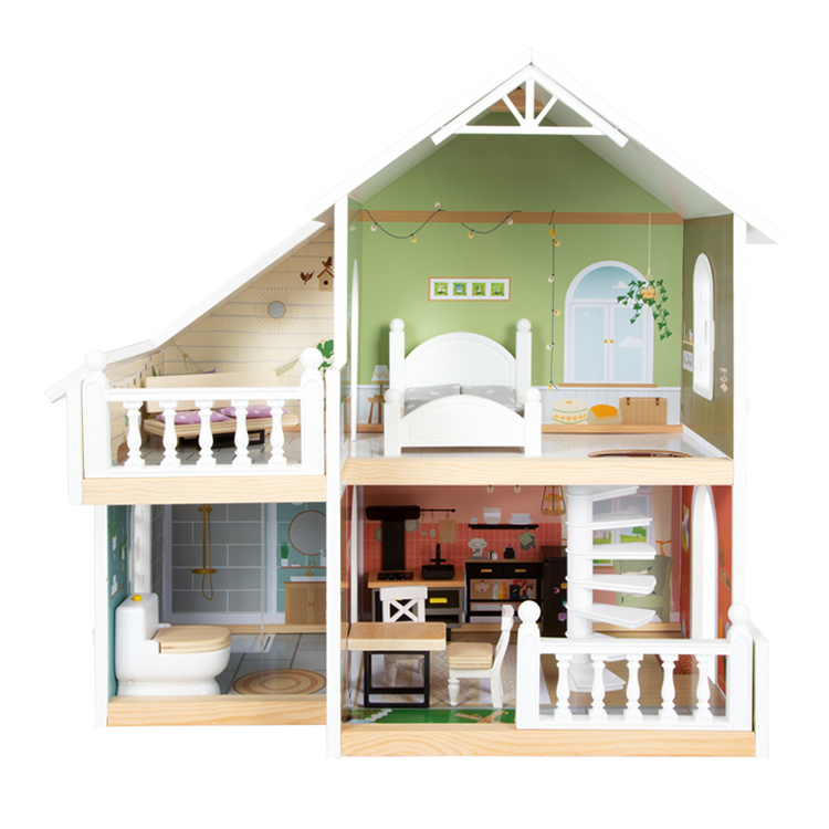 Wooden Multi - Level Dollhouse with Mini Rooms and Furniture