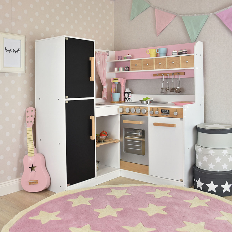 Pink Wooden L-Shaped Kids Play Kitchen Set with Chalkboard
