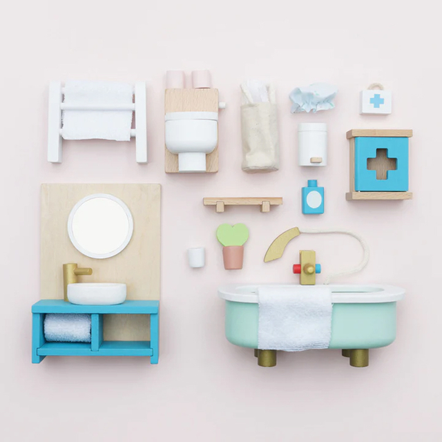 Wooden Mini Dollhouse Bathroom Furniture Set with Accessories