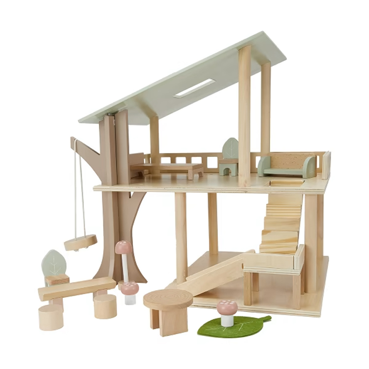 Wooden Tree House Dollhouse with Swing & Slide 