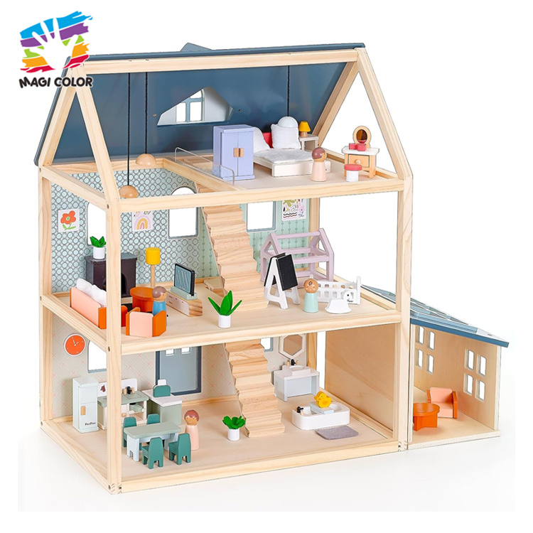 Wooden 3-Level Dollhouse with Furniture & Figures for Kids' Pretend Play