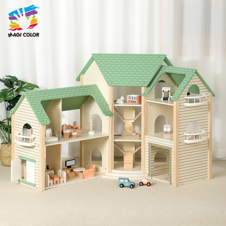 Wooden Multi-Level Dollhouse with Furniture for Kids' Pretend Play