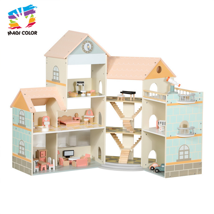 Wooden Multi-Level Townhouse Dollhouse with Furniture for Kids