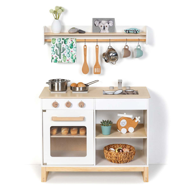 Kids Wooden Kitchen Set with Storage & Hanging Utensils