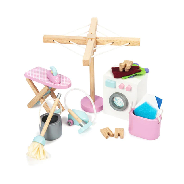  Wooden Housekeeping Pretend Play Set with Dolls and Cleaning Accessories