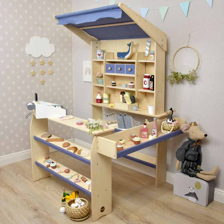 Wooden Kids Pretend Play Shop Set with Canopy and Play Food