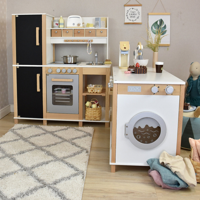 Large Wooden Kids Play Kitchen Set with Laundry Appliance and Chalkboard Refrigerator