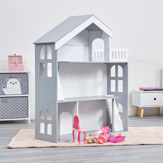 Large Gray Wooden Three - Story Dollhouse
